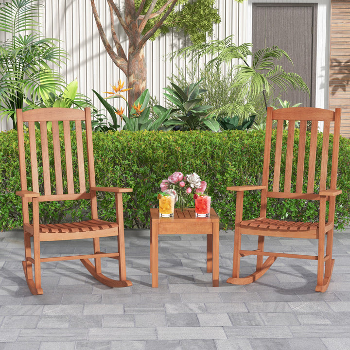 Outdoor Eucalyptus Wood Rocking Chair Patio Slatted Rocker with High Backrest