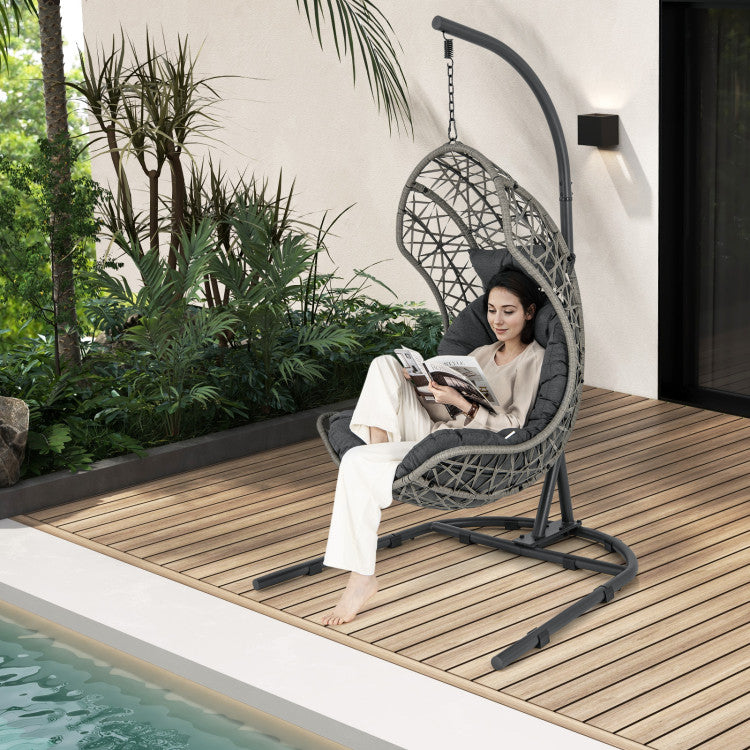 Outdoor Hanging Egg Chair Patio PE Rattan Swing Hammock Chair With Adjustable Hanging Chain and Cushion