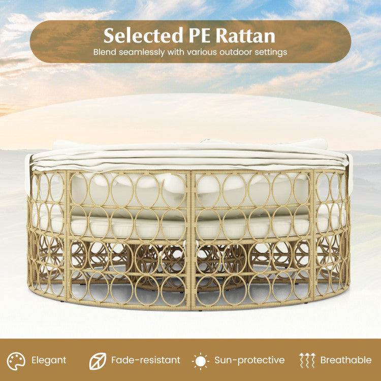 Outdoor PE Rattan Round Daybed Patio Wicker Sectional Seating Furniture Set with Retractable Canopy and Cushions for Backyard Poolside
