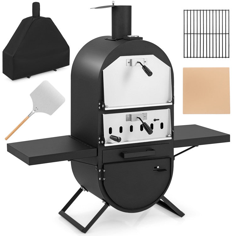 Outdoor Pizza Oven Patio Wood Fired Pizza Maker with Side Tables and Bottom Storage Cabinet