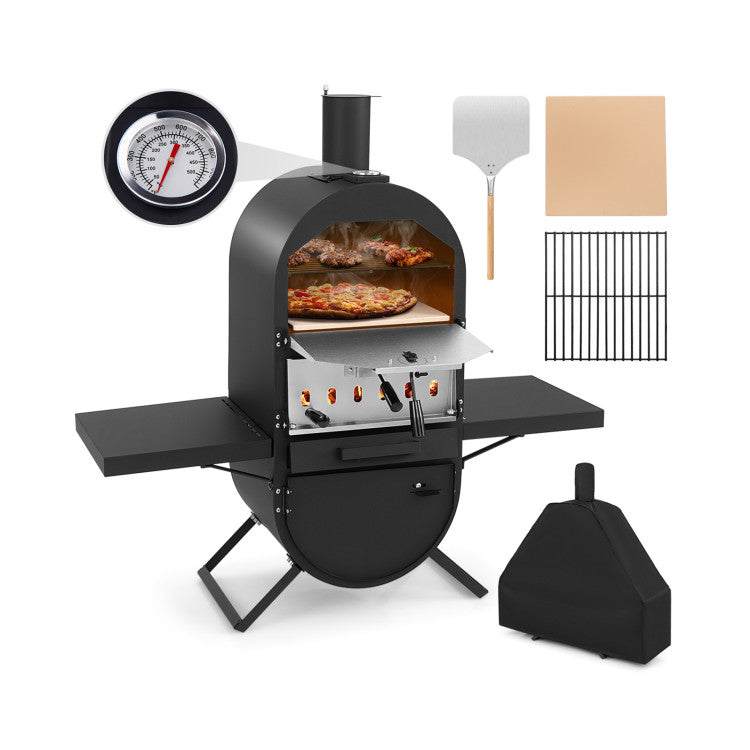 Outdoor Pizza Oven Patio Wood Fired Pizza Maker with Side Tables and Bottom Storage Cabinet