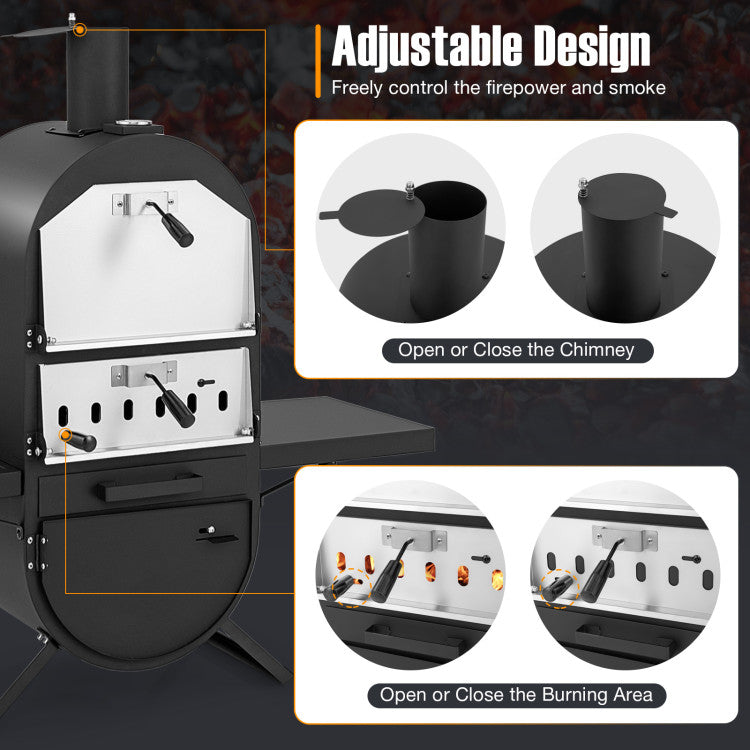 Outdoor Pizza Oven Patio Wood Fired Pizza Maker with Side Tables and Bottom Storage Cabinet