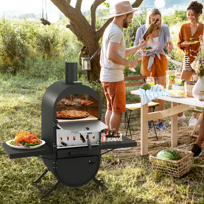 Outdoor Pizza Oven Patio Wood Fired Pizza Maker with Side Tables and Bottom Storage Cabinet