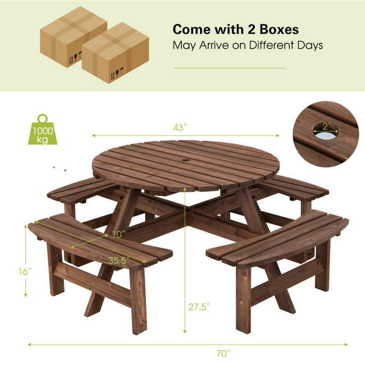 Outdoor 8 People Wooden Picnic Table and Bench Set Patio Beer Dining Seat with Umbrella Hole