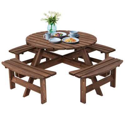 Outdoor 8 People Wooden Picnic Table and Bench Set Patio Beer Dining Seat with Umbrella Hole