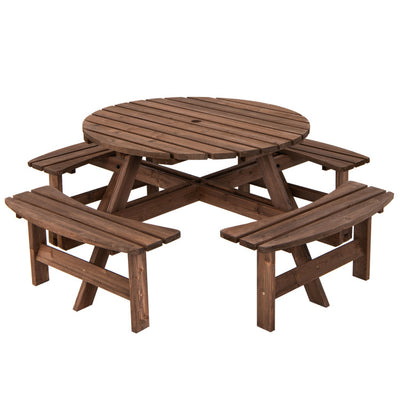 Outdoor 8 People Wooden Picnic Table and Bench Set Patio Beer Dining Seat with Umbrella Hole