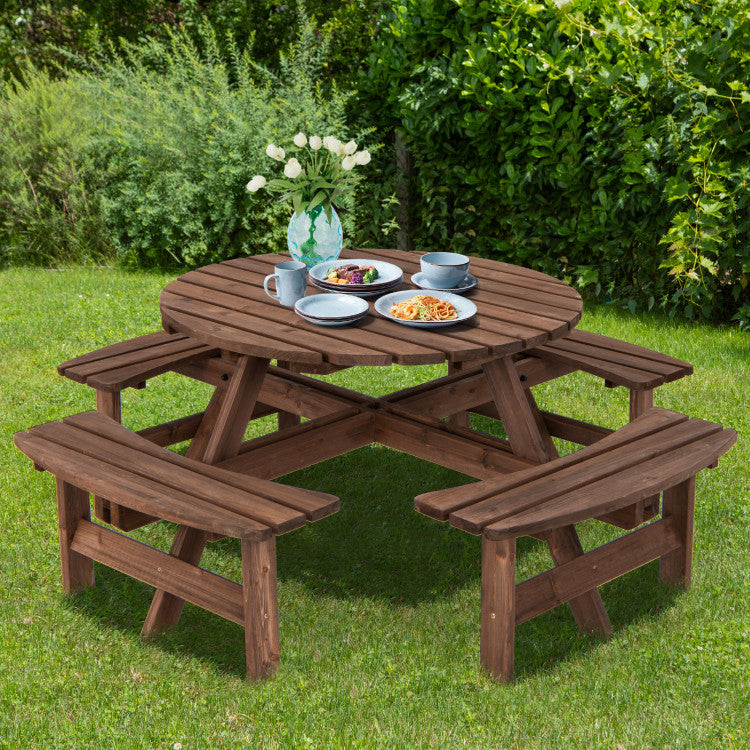 Outdoor 8 People Wooden Picnic Table and Bench Set Patio Beer Dining Seat with Umbrella Hole