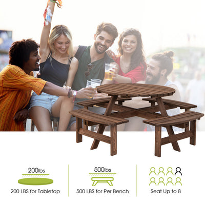 Outdoor 8 People Wooden Picnic Table and Bench Set Patio Beer Dining Seat with Umbrella Hole