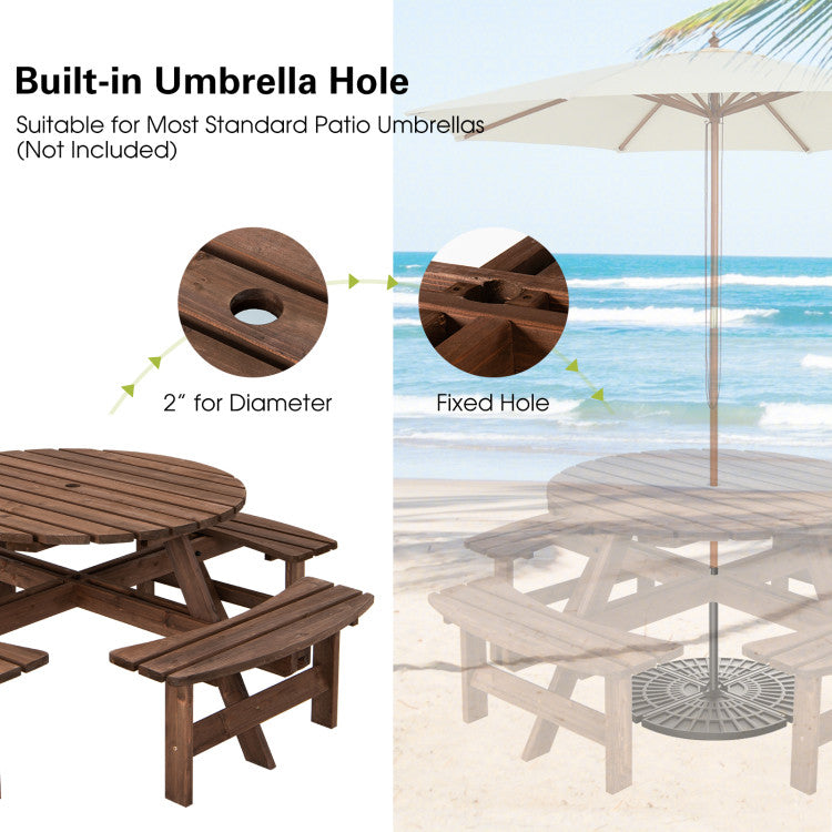 Outdoor 8 People Wooden Picnic Table and Bench Set Patio Beer Dining Seat with Umbrella Hole