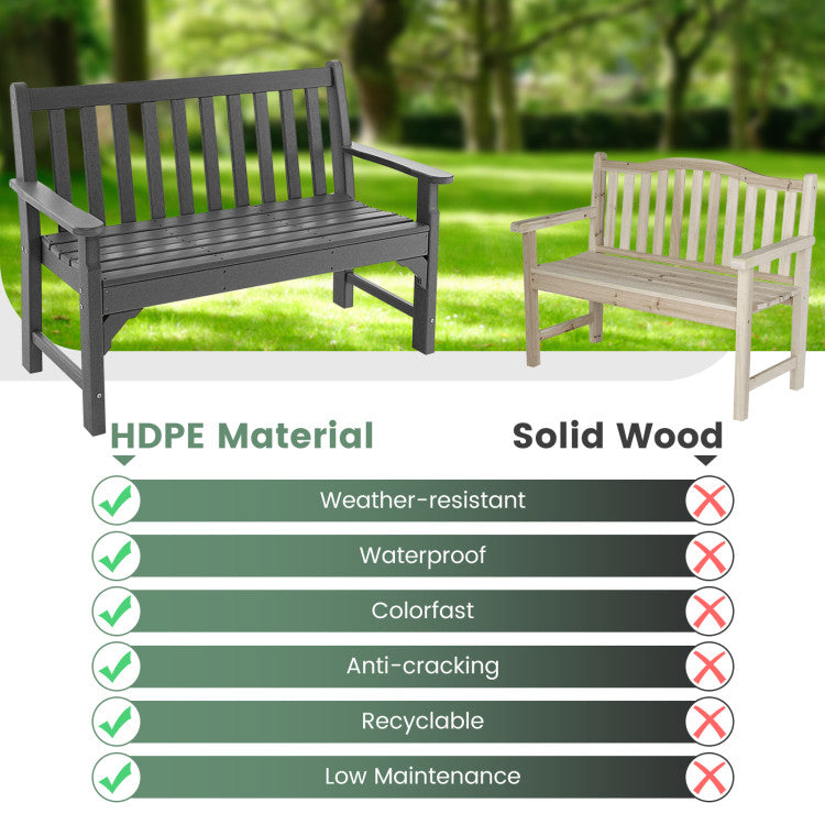 Outdoor All-Weather HDPE Bench Patio 2-Person Loveseat with Armrests and Backrest