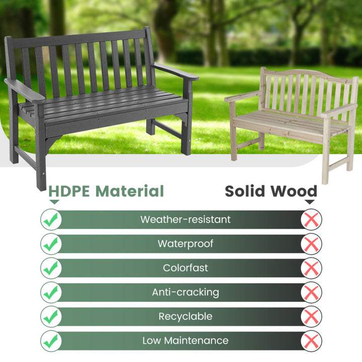 Outdoor All-Weather HDPE Bench Patio 2-Person Loveseat with Armrests and Backrest
