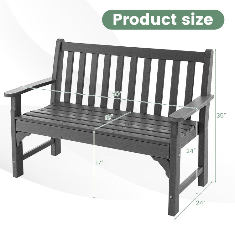 Outdoor All-Weather HDPE Bench Patio 2-Person Loveseat with Armrests and Backrest