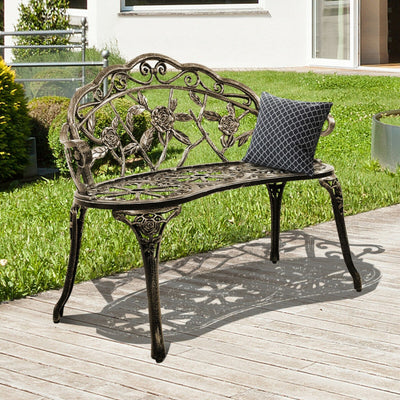 Outdoor Aluminum Antique Bench Patio Loveseat Chair with Floral Rose Style and Foot Pads