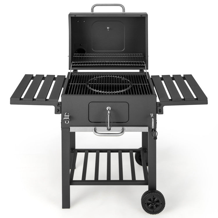 Outdoor BBQ Charcoal Grill with Folding Side Tables and Bottom Shelf for Cooking Camping Picnics