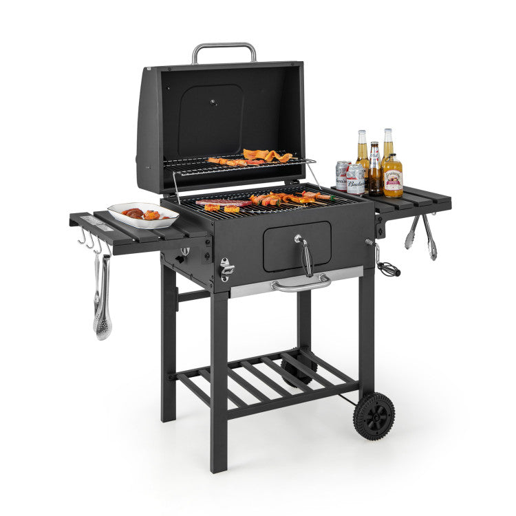 Outdoor BBQ Charcoal Grill with Folding Side Tables and Bottom Shelf for Cooking Camping Picnics