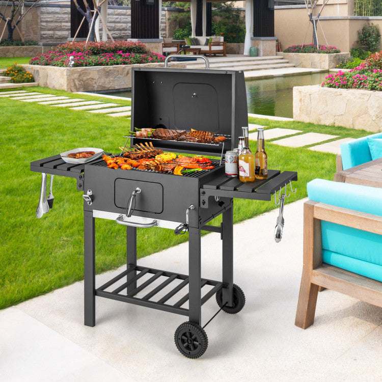 Outdoor BBQ Charcoal Grill with Folding Side Tables and Bottom Shelf for Cooking Camping Picnics