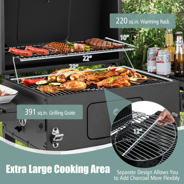 Outdoor BBQ Charcoal Grill with Folding Side Tables and Bottom Shelf for Cooking Camping Picnics