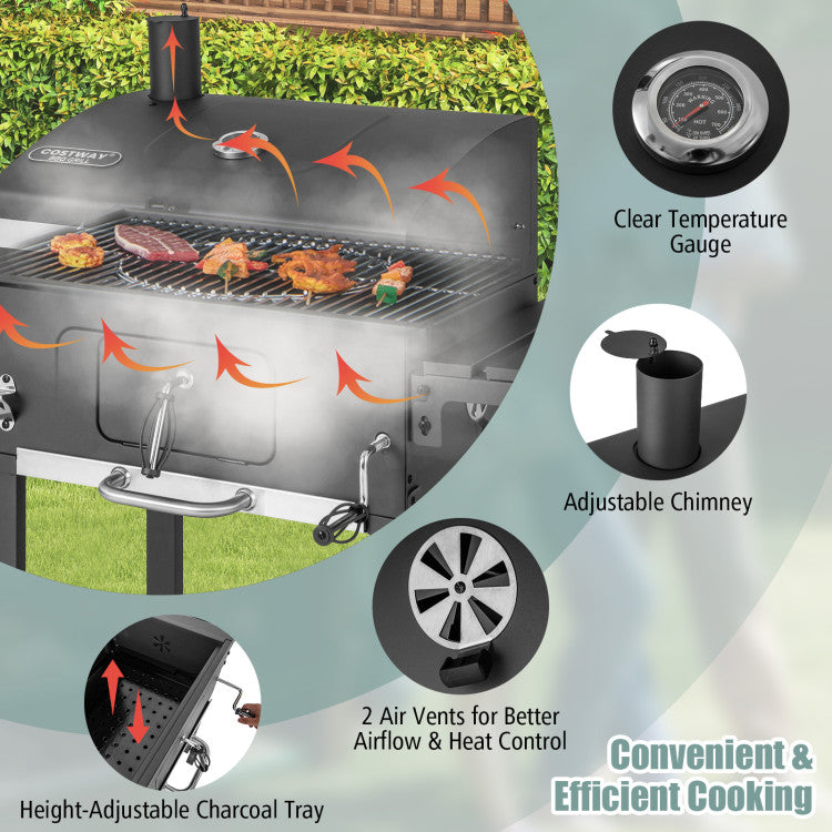 Outdoor BBQ Charcoal Grill with Folding Side Tables and Bottom Shelf for Cooking Camping Picnics