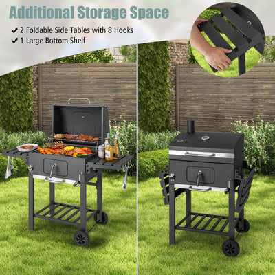 Outdoor BBQ Charcoal Grill with Folding Side Tables and Bottom Shelf for Cooking Camping Picnics