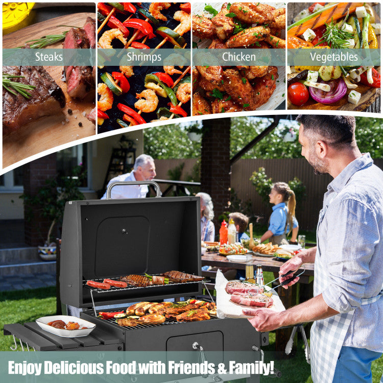 Outdoor BBQ Charcoal Grill with Folding Side Tables and Bottom Shelf for Cooking Camping Picnics