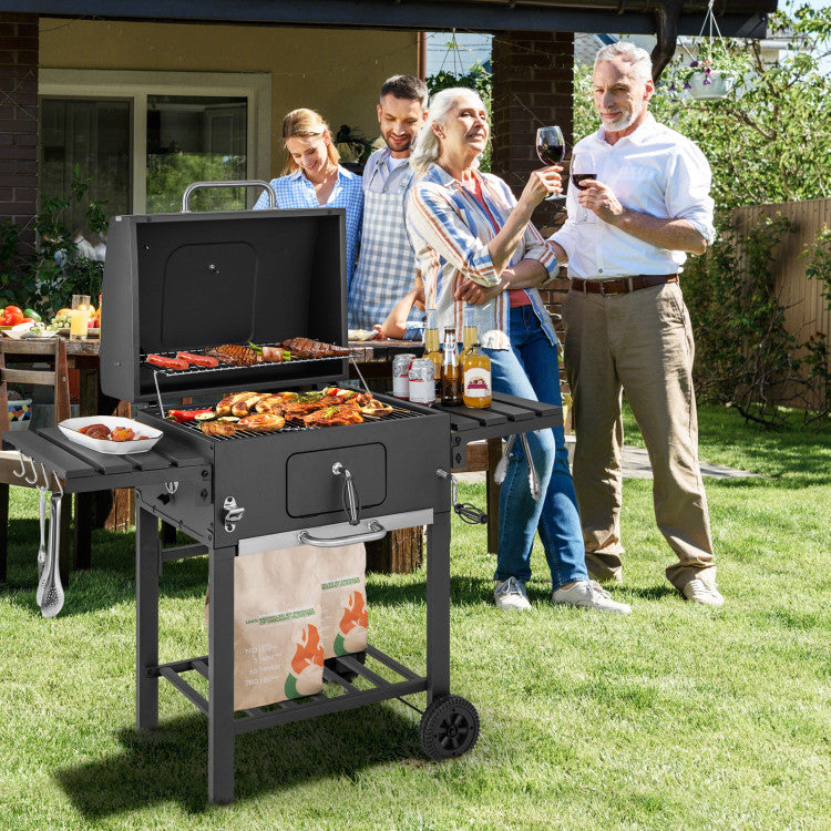 Outdoor BBQ Charcoal Grill with Folding Side Tables and Bottom Shelf for Cooking Camping Picnics