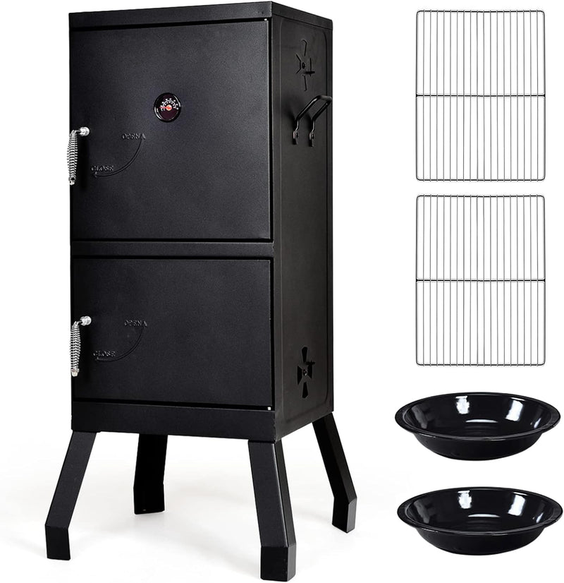 Outdoor Charcoal Smoker Vertical 2-tier Barbeque Grill with Double Doors and Thermometer for Barbecue Camping