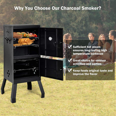 Outdoor Charcoal Smoker Vertical 2-tier Barbeque Grill with Double Doors and Thermometer for Barbecue Camping