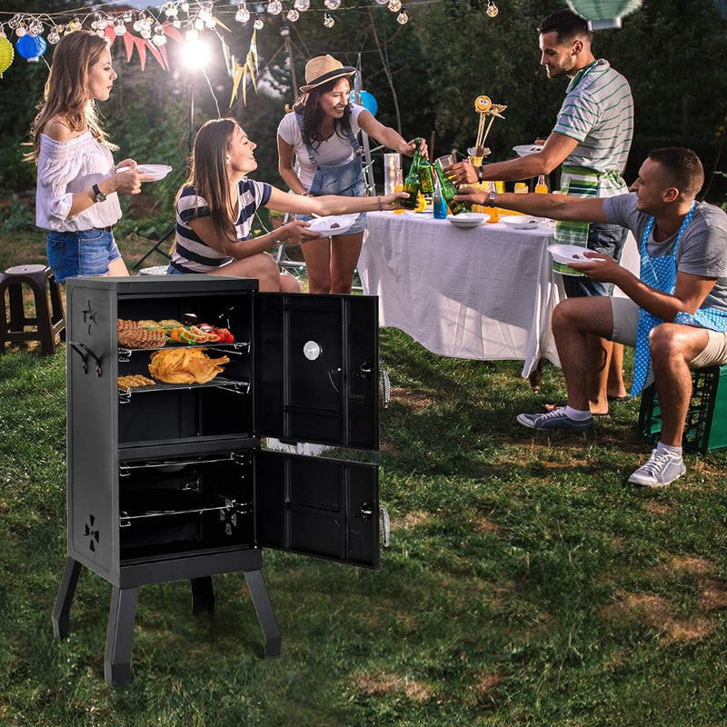 Outdoor Charcoal Smoker Vertical 2-tier Barbeque Grill with Double Doors and Thermometer for Barbecue Camping