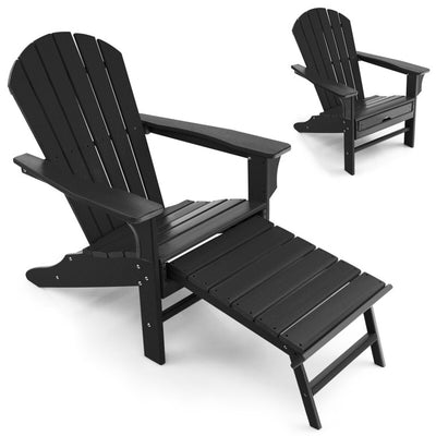 Outdoor Folding HDPE Adirondack Chair Patio Lounge Chair with Retractable Ottoman for Porch Backyard