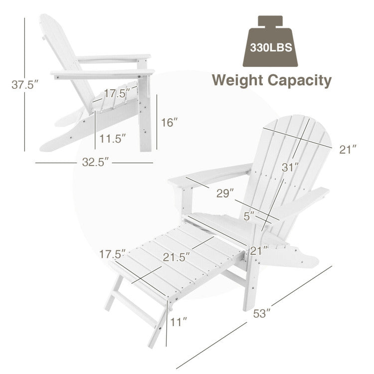 Outdoor Folding HDPE Adirondack Chair Patio Lounge Chair with Retractable Ottoman for Porch Backyard