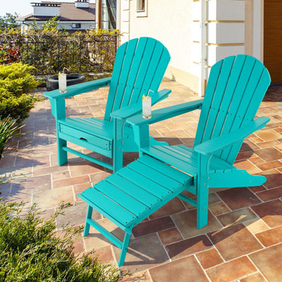 Outdoor Folding HDPE Adirondack Chair Patio Lounge Chair with Retractable Ottoman for Porch Backyard