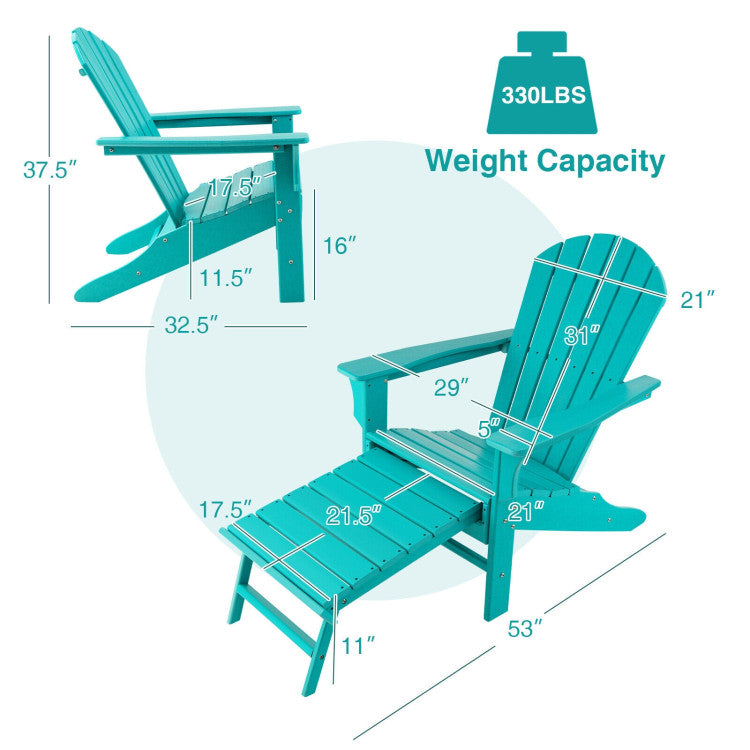 Outdoor Folding HDPE Adirondack Chair Patio Lounge Chair with Retractable Ottoman for Porch Backyard