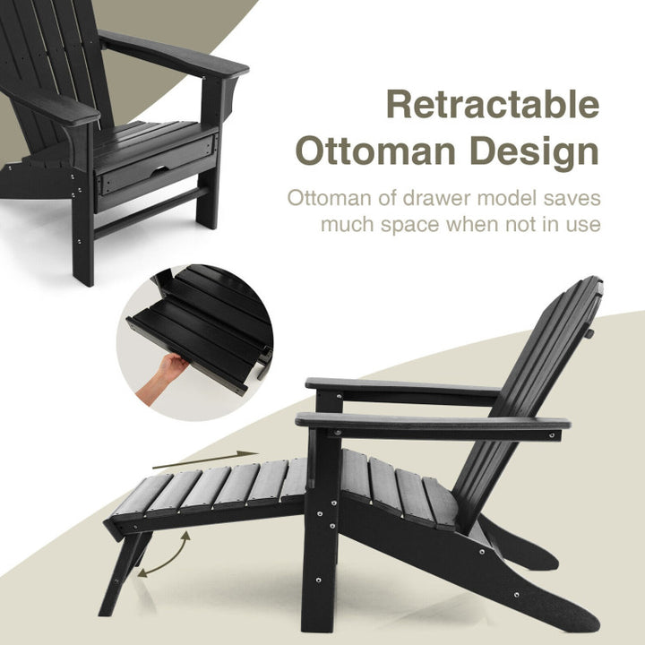 Outdoor Folding HDPE Adirondack Chair Patio Lounge Chair with Retractable Ottoman for Porch Backyard