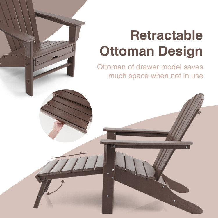 Outdoor Folding HDPE Adirondack Chair Patio Lounge Chair with Retractable Ottoman for Porch Backyard