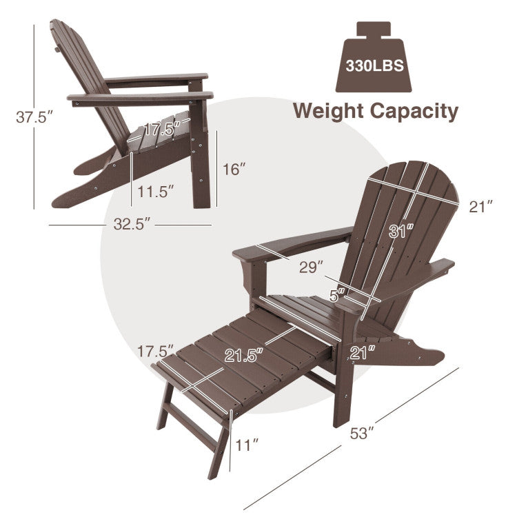 Outdoor Folding HDPE Adirondack Chair Patio Lounge Chair with Retractable Ottoman for Porch Backyard