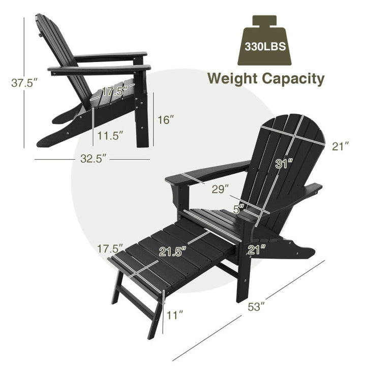 Outdoor Folding HDPE Adirondack Chair Patio Lounge Chair with Retractable Ottoman for Porch Backyard