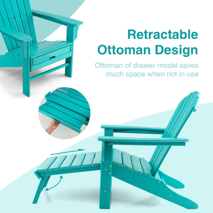 Outdoor Folding HDPE Adirondack Chair Patio Lounge Chair with Retractable Ottoman for Porch Backyard