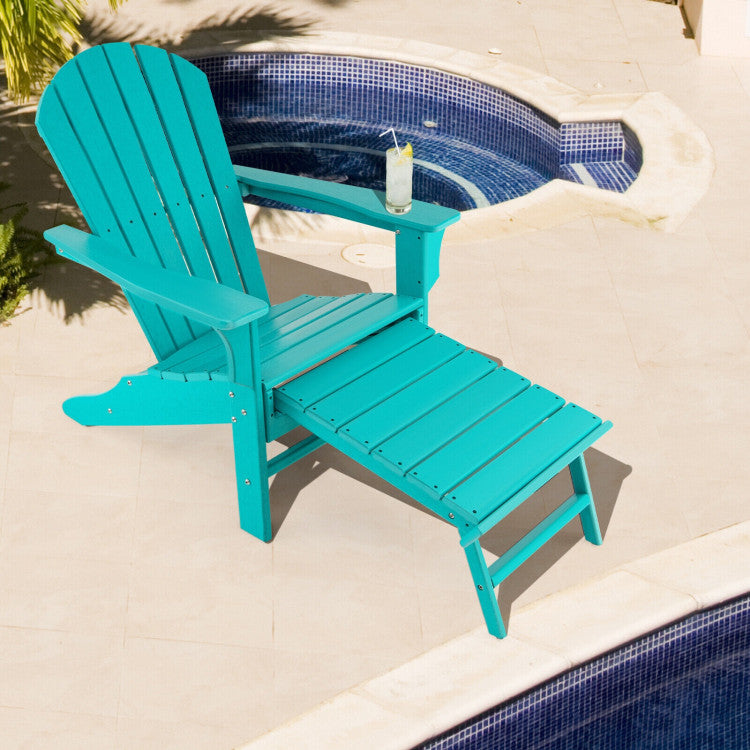 Outdoor Folding HDPE Adirondack Chair Patio Lounge Chair with Retractable Ottoman for Porch Backyard