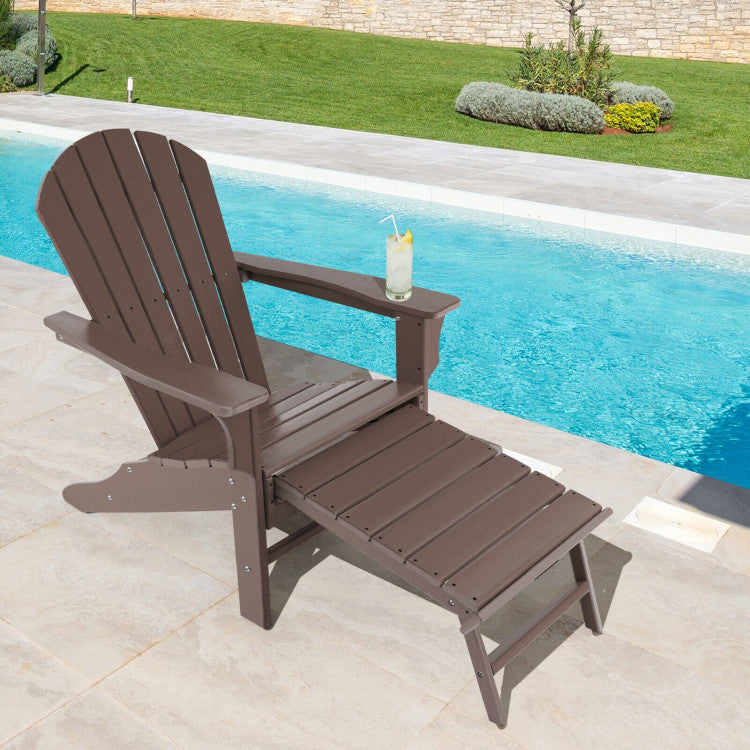 Outdoor Folding HDPE Adirondack Chair Patio Lounge Chair with Retractable Ottoman for Porch Backyard