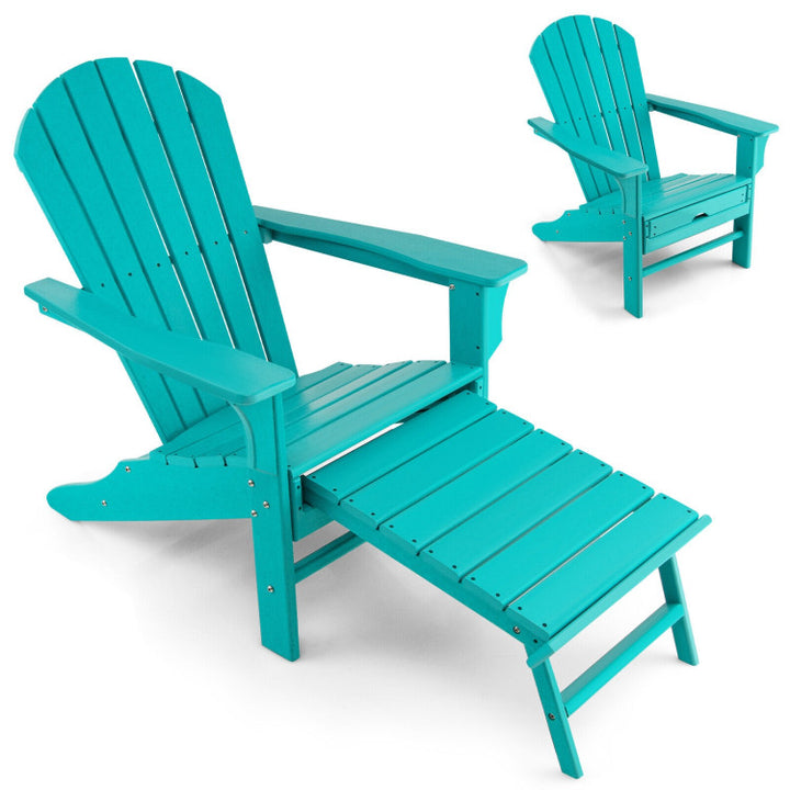 Outdoor Folding HDPE Adirondack Chair Patio Lounge Chair with Retractable Ottoman for Porch Backyard