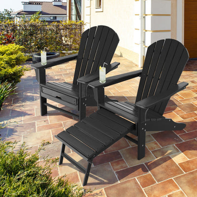 Outdoor Folding HDPE Adirondack Chair Patio Lounge Chair with Retractable Ottoman for Porch Backyard