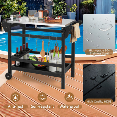 Outdoor Grill Dining Cart Table Movable HDPE Pizza Oven Stand Portable Modular Carts Worktable with Wheels and Storage Shelf