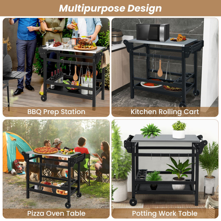 Outdoor Grill Dining Cart Table Movable HDPE Pizza Oven Stand Portable Modular Carts Worktable with Wheels and Storage Shelf