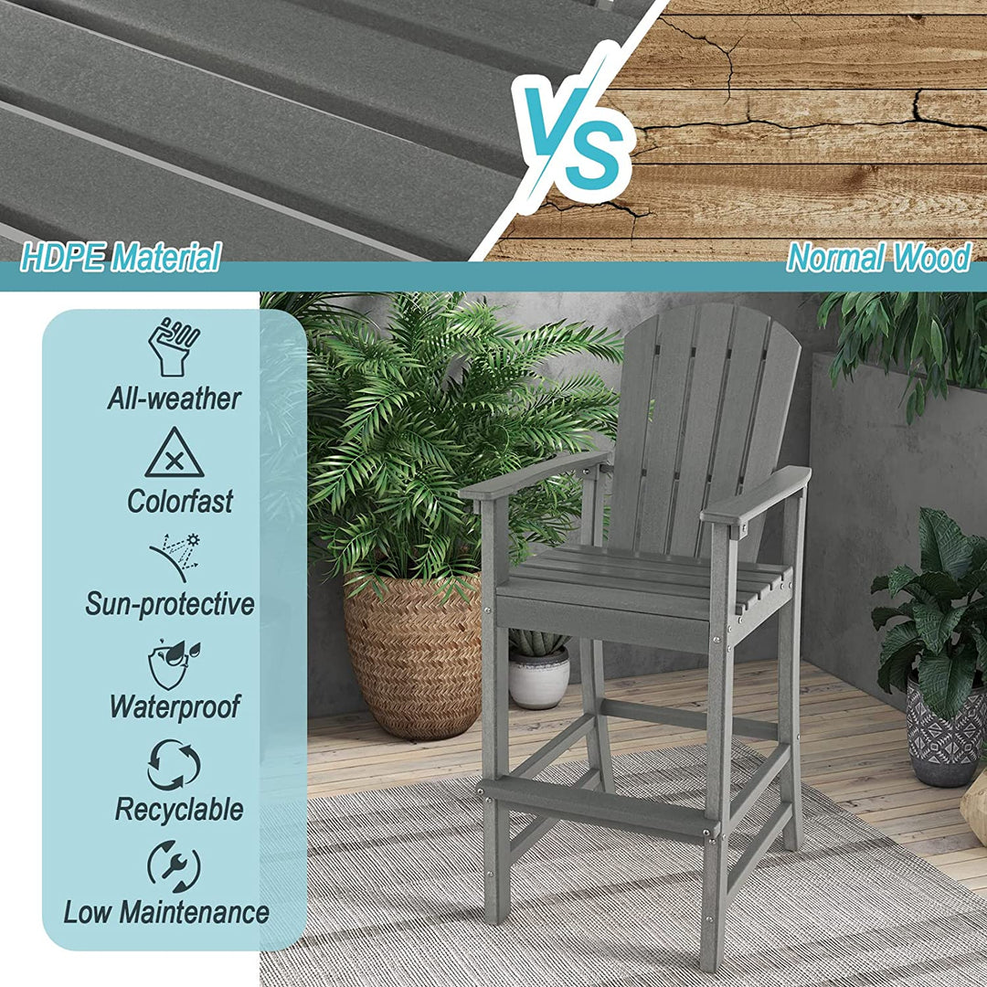 Outdoor HDPE Bar Stool 30 Inches Counter Height Adirondack Chair with Armrests and Footrest for Garden Backyard