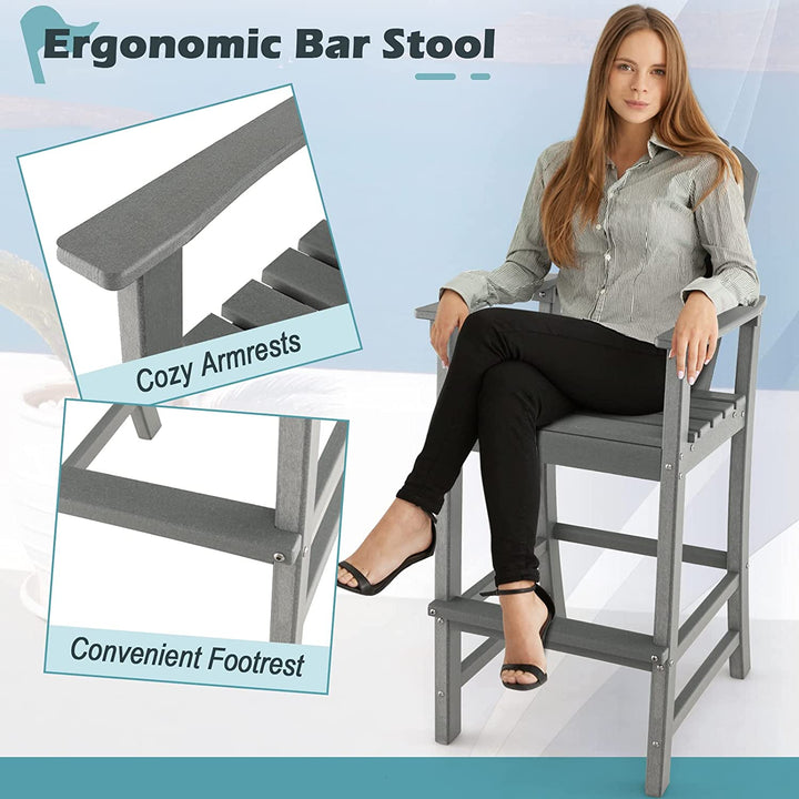 Outdoor HDPE Bar Stool 30 Inches Counter Height Adirondack Chair with Armrests and Footrest for Garden Backyard
