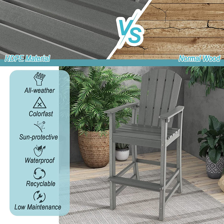 Outdoor HDPE Bar Stool 30 Inches Counter Height Adirondack Chair with Armrests and Footrest for Garden Backyard