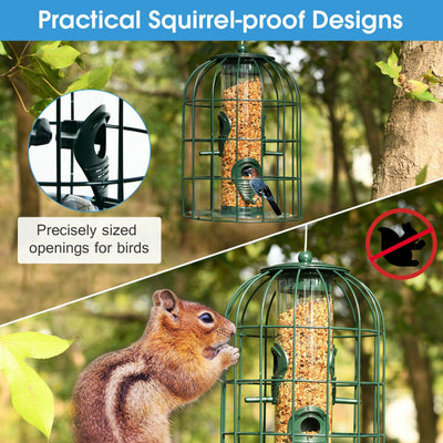 Outdoor Metal Hanging Bird Feeder Cage Squirrel-Proof Seed Guard Deterrent with 4 Feeding Ports for Garden Yard Balcony