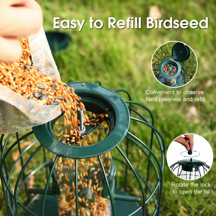 Outdoor Metal Hanging Bird Feeder Cage Squirrel-Proof Seed Guard Deterrent with 4 Feeding Ports for Garden Yard Balcony