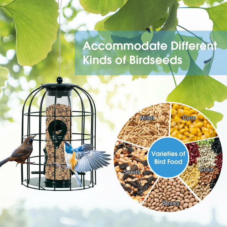 Outdoor Metal Hanging Bird Feeder Cage Squirrel-Proof Seed Guard Deterrent with 4 Feeding Ports for Garden Yard Balcony