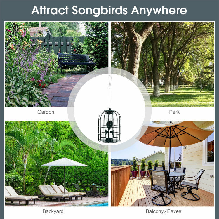 Outdoor Metal Hanging Bird Feeder Cage Squirrel-Proof Seed Guard Deterrent with 4 Feeding Ports for Garden Yard Balcony